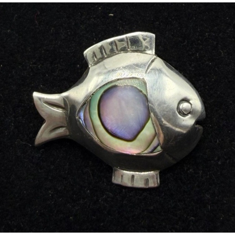 Vintage Taxco Mexico 925 Sterling Silver Fish Brooch Pin Abalone Shell Inlay